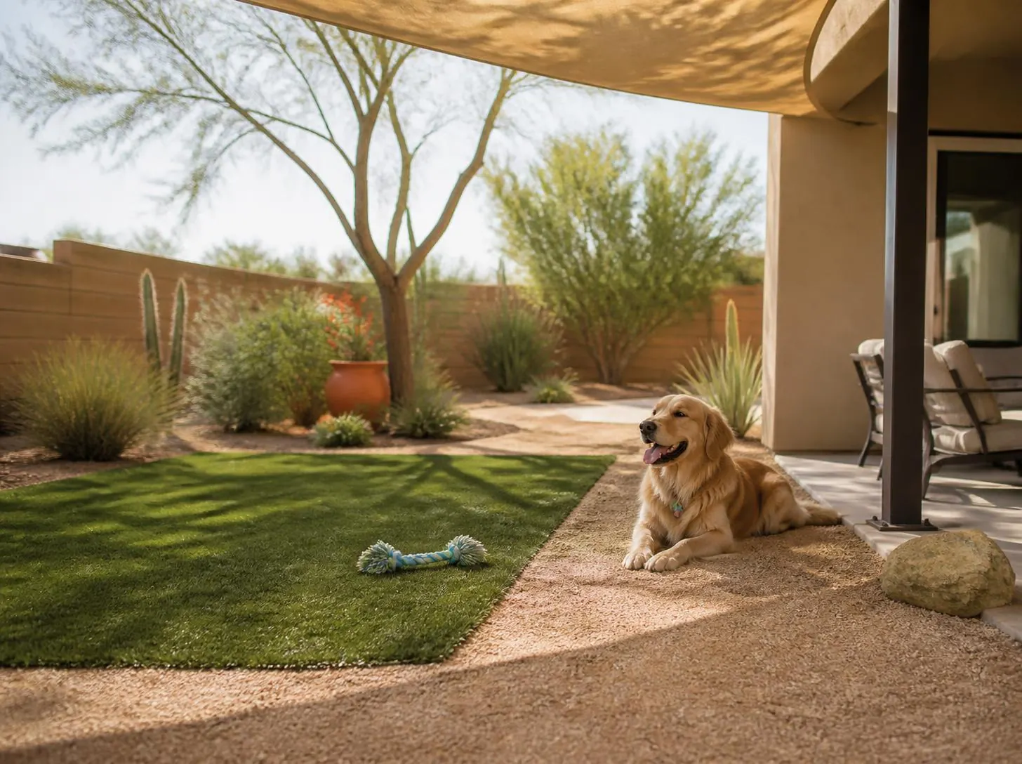 A dog relaxing in a clean backyard