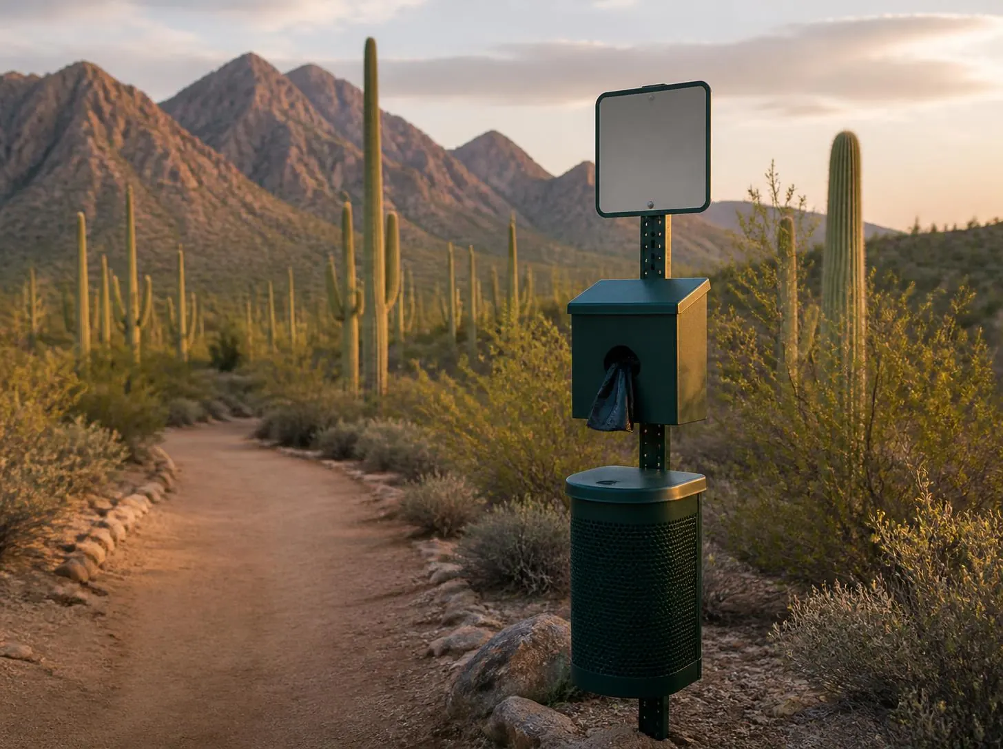 A pet waste station beside a desert walking path