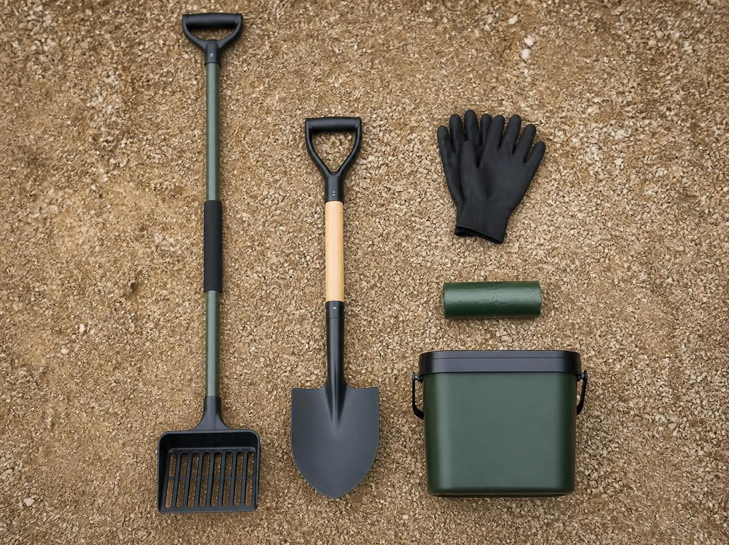 Pet waste removal tools laid out on gravel